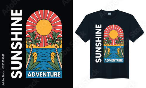 Bright beach and palm tree sunset scene with surfboards and tropical ocean for vacation t-shirt design