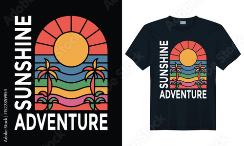 Retro style sunshine and ocean landscape with palm tree and mountains for tropical vacation t-shirt design