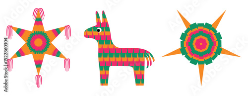 Set of mexican piñatas. Vector illustration isolated on white background.