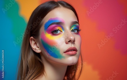 Portrait of the bright beautiful girl with art colorful make-up and bodyart. High quality