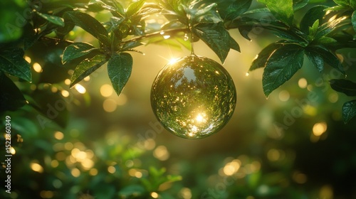 Glass sphere hanging, sunlit foliage, bokeh background, nature ornament