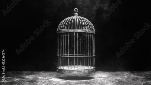 Empty antique birdcage, dark studio, floating, somber mood, concept art