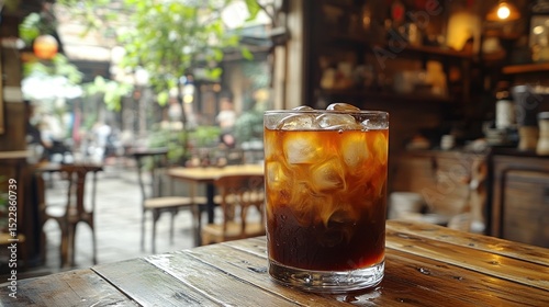Iced coffee, cafe, courtyard, city, summer, drink, table, wood, refreshing, chill