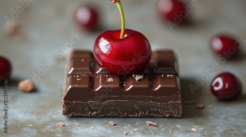 Dark chocolate bar, cherry, dessert, table, closeup, food photography, sweet, background