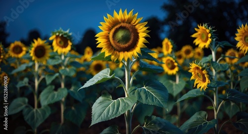 A sunflower blooms in a garden at night.