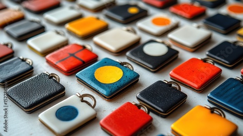 Colorful square pendants displayed on a white surface, showcasing various patterns and colors