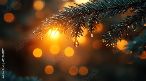 Dewy spruce branch sunset bokeh background card