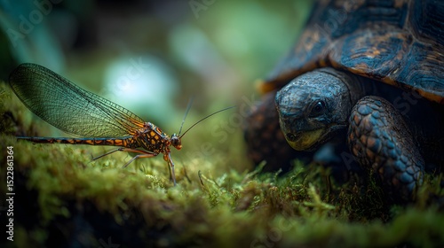 Mayfly wing and tortoise shell on moss, fleeting and enduring life contrasted