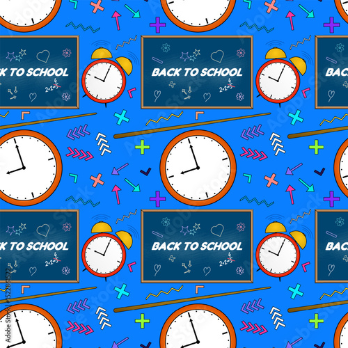 Seamless back to school pattern with clocks, alarm clocks, chalkboards and arrows on blue background. For back to school theme, school supplies or stationery design, textile print, and wrapping paper.