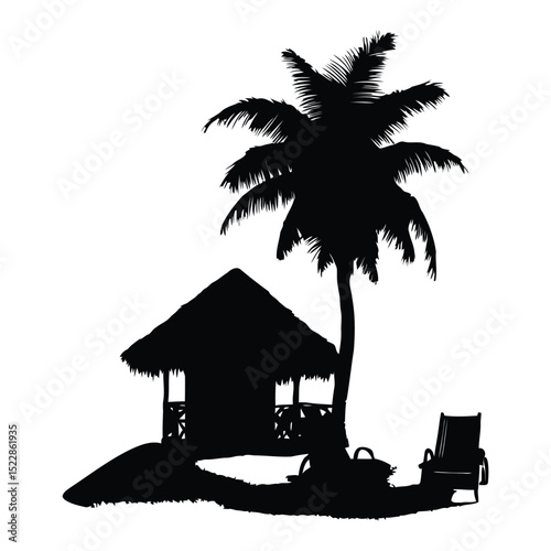 Tropical beach scene silhouette featuring palm tree hut and lounge chair black and white