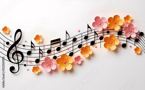 Musical composition illustration featuring decorative paper flowers and music notes on a white background creative springtime design for artistic posters and presentations