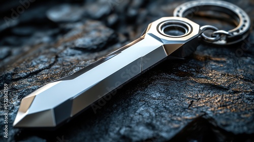 Sleek metal keychain on dark rock, sunlit background