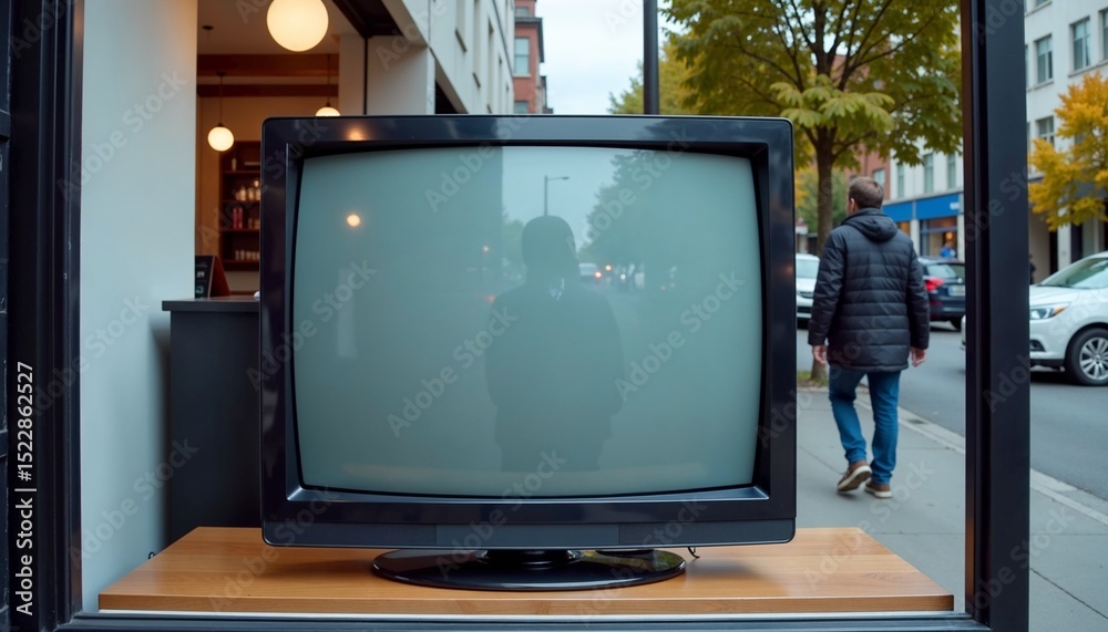 Fototapeta premium Retro television set displayed in shop window. Classic CRT television screen shows reflection of city street. Old television is perfect for vintage themed designs, nostalgic projects,