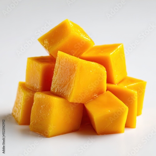 Fresh mango cubes isolated on white background.