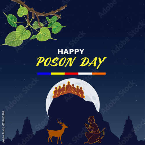 Happy Poson Day, Poson Poya Day Vector Illustration with Mihinthalawa Temple and Full Moon - Poson Wishes Flyer