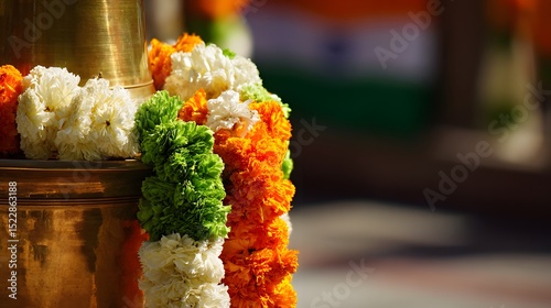 Wallpaper Mural Vibrant marigold garlands on a brass urn, symbolizing India's Independence Day pride and celebration Torontodigital.ca