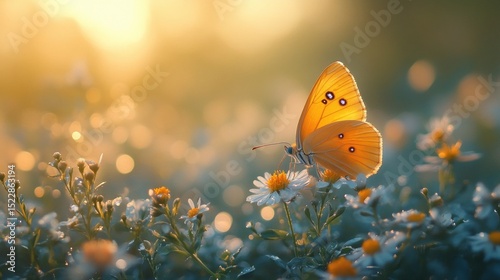 Golden butterfly on wildflowers at sunrise