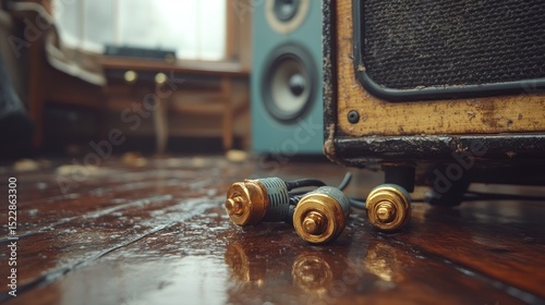 Vintage amplifier, audio cables on wet wooden floor, home studio