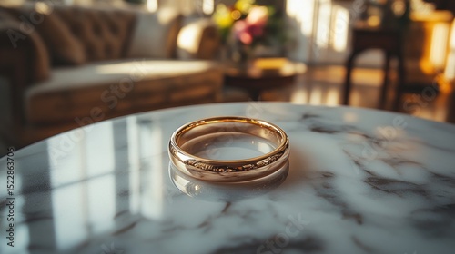 Gold wedding band on marble table, living room in background
