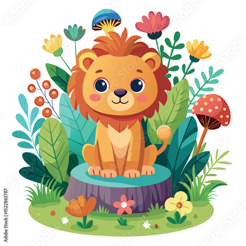 Cartoon Lion Cub Sitting on a Stump Surrounded by Flowers and Mushrooms