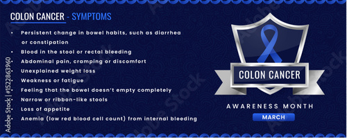 Colon Cancer ribbon with Symptoms, Shield Design with Pattern Based Background.