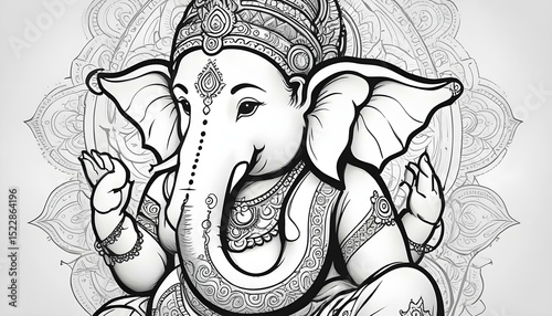Intricate Ganesh line art design, minimalist black and white sketch, clean lines, contemporary art, simple background, Hindu icon.