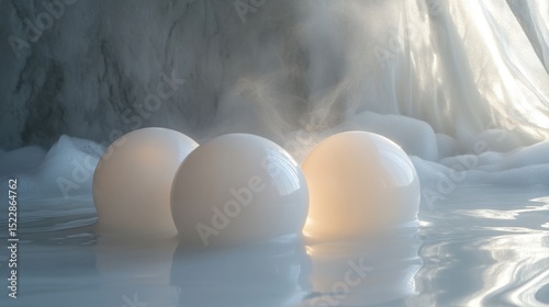 Three spheres in a misty cave-like setting