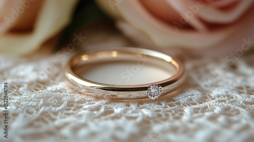 Gold engagement ring on lace with roses
