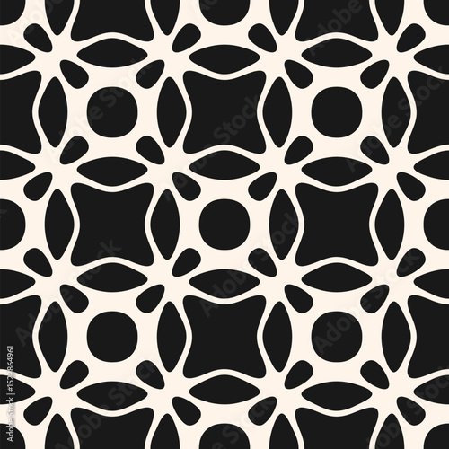 Vector geometric seamless pattern with curved shapes, grid, floral silhouettes, repeat tiles. Monochrome abstract background. Elegant black and white ornament texture. Design for decor, print, textile