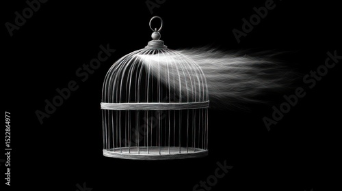 Empty birdcage, freedom, escape, black background, digital art