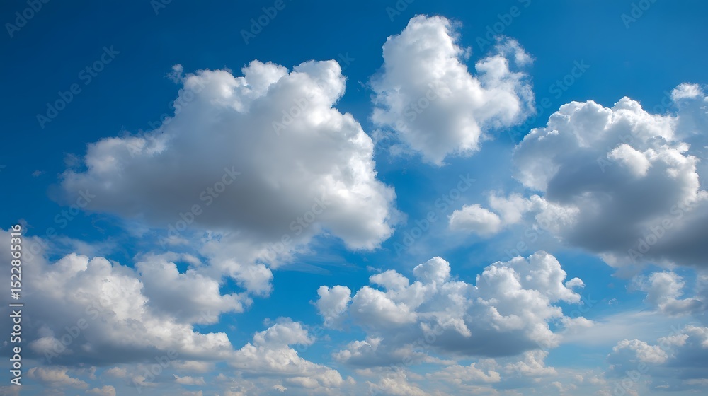 Fototapeta premium Sweeping panoramic view of a clear blue sky filled with soft puffy cumulus clouds on a bright sunny summer day