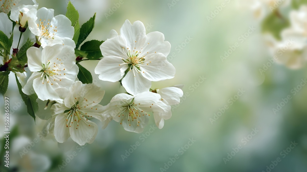 Obraz premium Delicate white spring flowers in soft focus surrounded by lush greenery in a peaceful serene natural environment