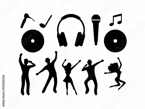 Dancing people and music icons isolated white background 