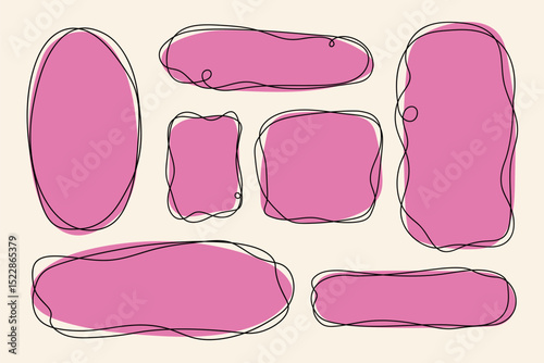 Set of vector organic shapes in pink color with hand drawn frame. Pink abstract freeform shapes with sketch style outline creative spots and hand drawn frames perfect for social media template backgro