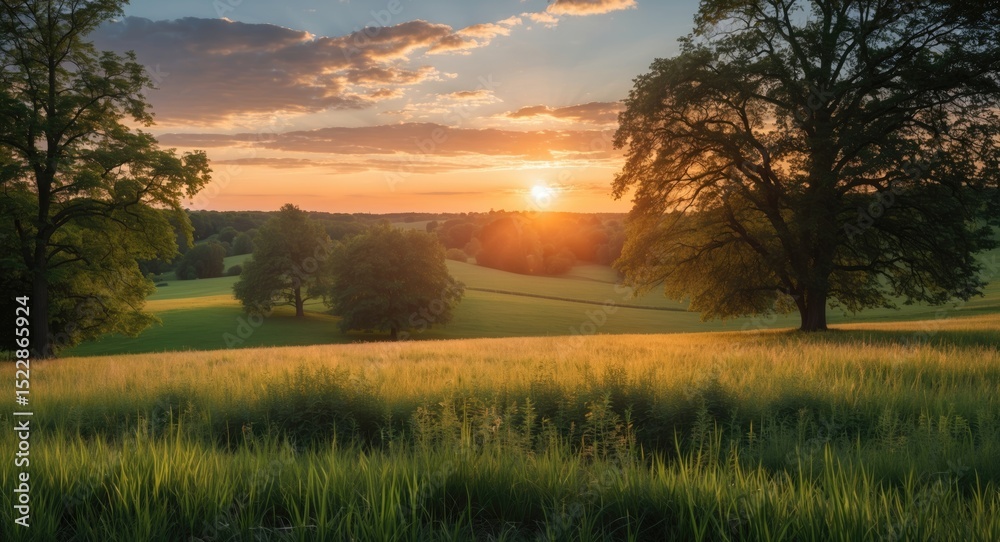 Fototapeta premium Countryside landscape during sunset with meadow, trees, tall grass, and sun leaks, featuring empty space for text.