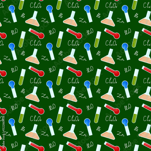 Seamless science vector pattern with lab equipment and chemical formulas. Educational back to school chemistry background. For school supplies or stationery design, textile print, and wrapping paper.