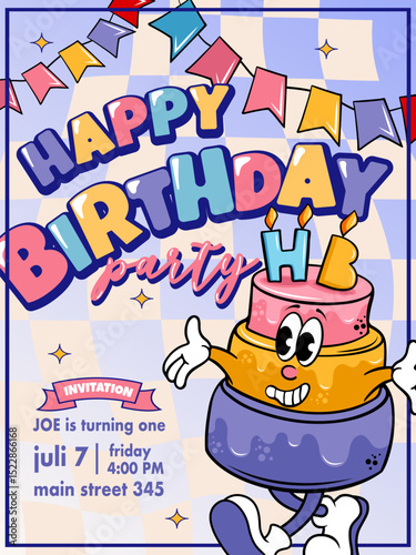 vector illustration of birthday party card with groovy cartoon character cake, happy birthday card with kids