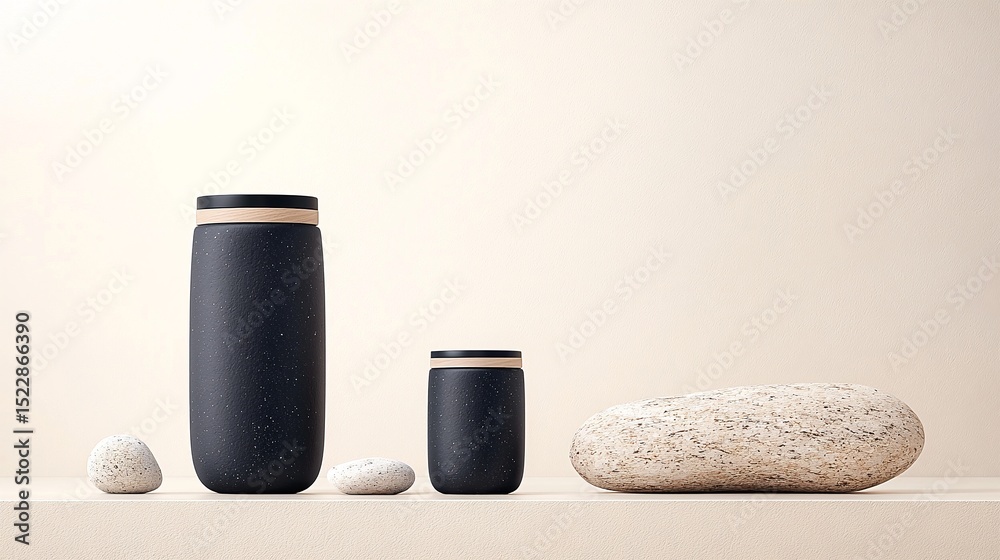 Naklejka premium Black and Beige Textured Bottles and Stones on a Neutral Background