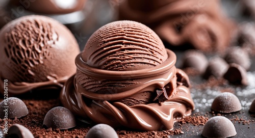 Delicious Chocolate Ice Cream Texture, Closeup Photo with Empty Copy Space for Text photo