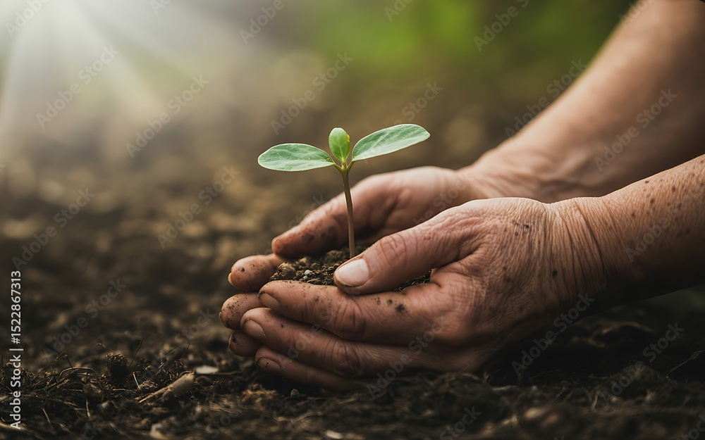 Fototapeta premium A tender moment hands gently cradle a young sprout symbolizing growth and new beginnings in nature