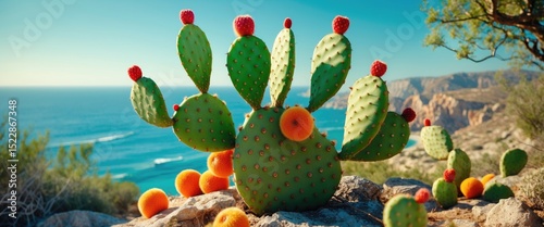 Fototapeta Naklejka Na Ścianę i Meble -  Prickly Pear Cactus With Fruits In A Beautiful Landscape By The Mediterranean Sea, With Empty Copy Space For Text