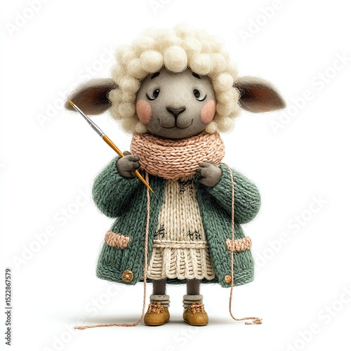 Creative sheep character knitting in cozy attire.