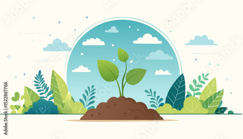 Small plant with vibrant green leaves emerging from a soil mound, soft sky background, surrounded by stylized bushes, perfect for eco themes.