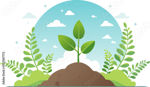Young plant sprouting from soil under clear sky, surrounded by abstract leaves and soft clouds, minimal flat style with white background and copy space.