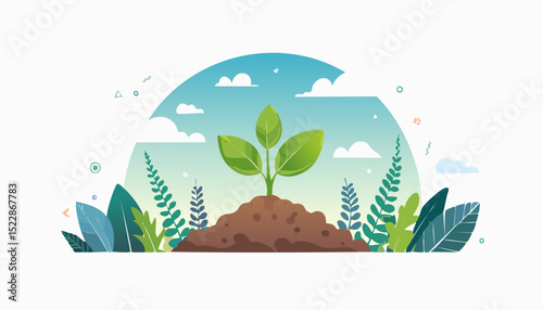 New plant life illustrated in bright flat style, sprouting from soil with leafy surroundings and sky, ideal for sustainability or earth-friendly content.