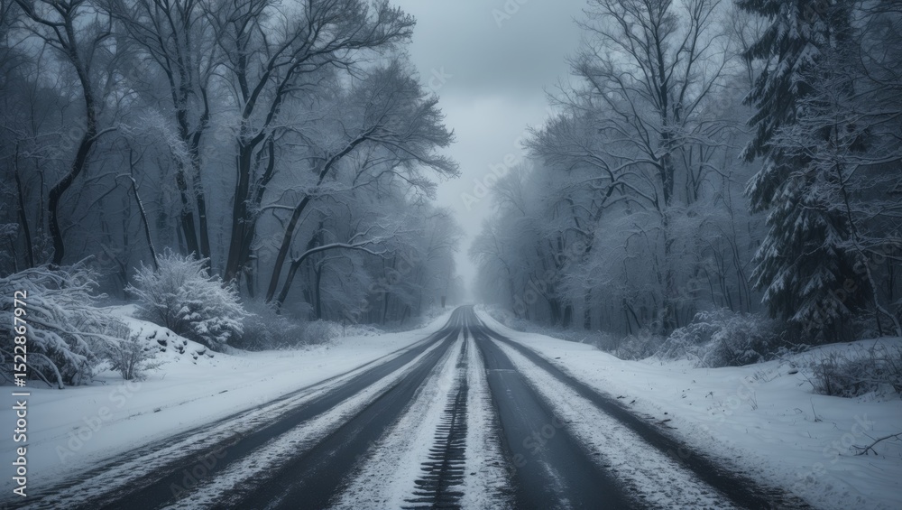 Fototapeta premium A snowy road in winter through snow-covered trees and landscape. Cold weather and winter scenery. The scene of winter travel and snowy roads.