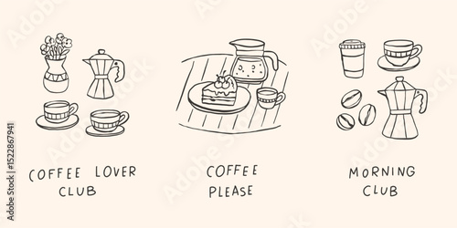 Coffee lover club morning breakfast doodle sketch vector illustration. Hand drawn typography poster phrase quote.