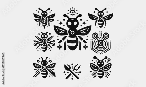 Futuristic robotic bee vector logo design with hexagonal patterns and tech aesthetics