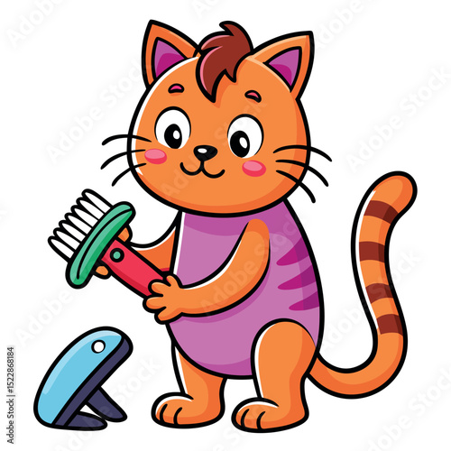 Cartoon Orange Cat with Purple Shirt, Holding a Brush and Shoe Horn