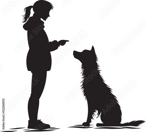 Girl dog handler teaching a dog to sit, a minimalist silhouette black and white vector illustration showing communication and training, white background